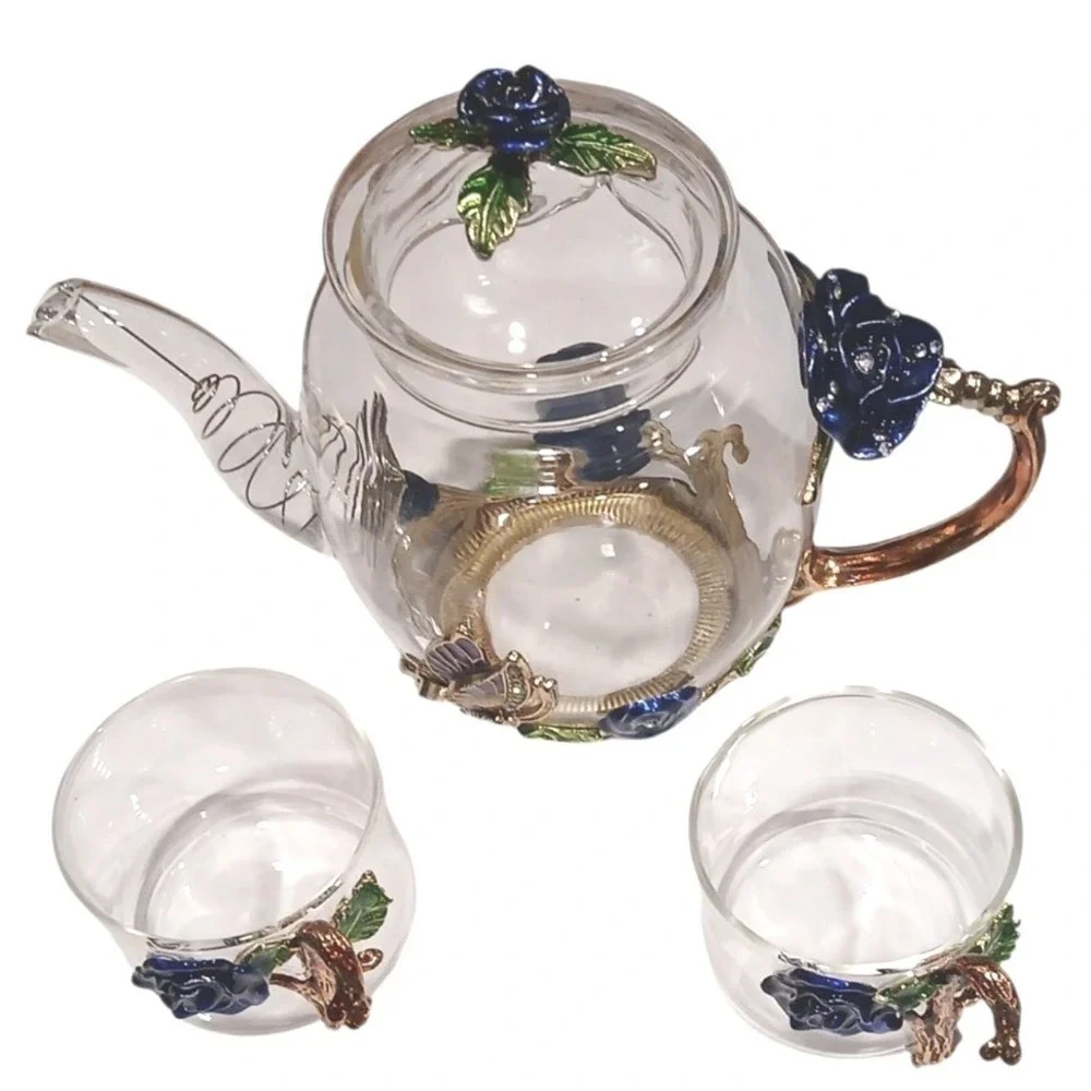 Tea Set Brew To A Tea Blue‎ Rose Butterfly Enamel Glass 3pc Set